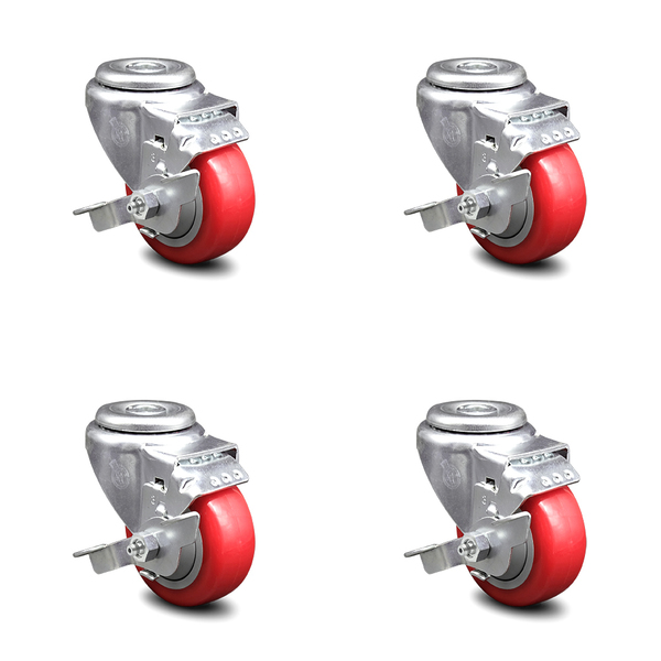 Service Caster 3 Inch Red Polyurethane Wheel Swivel Bolt Hole Caster Set with Brake SCC SCC-BH20S314-PPUB-RED-TLB-4